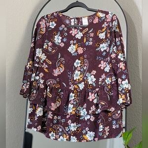 Purple Floral Print Ruffle Top